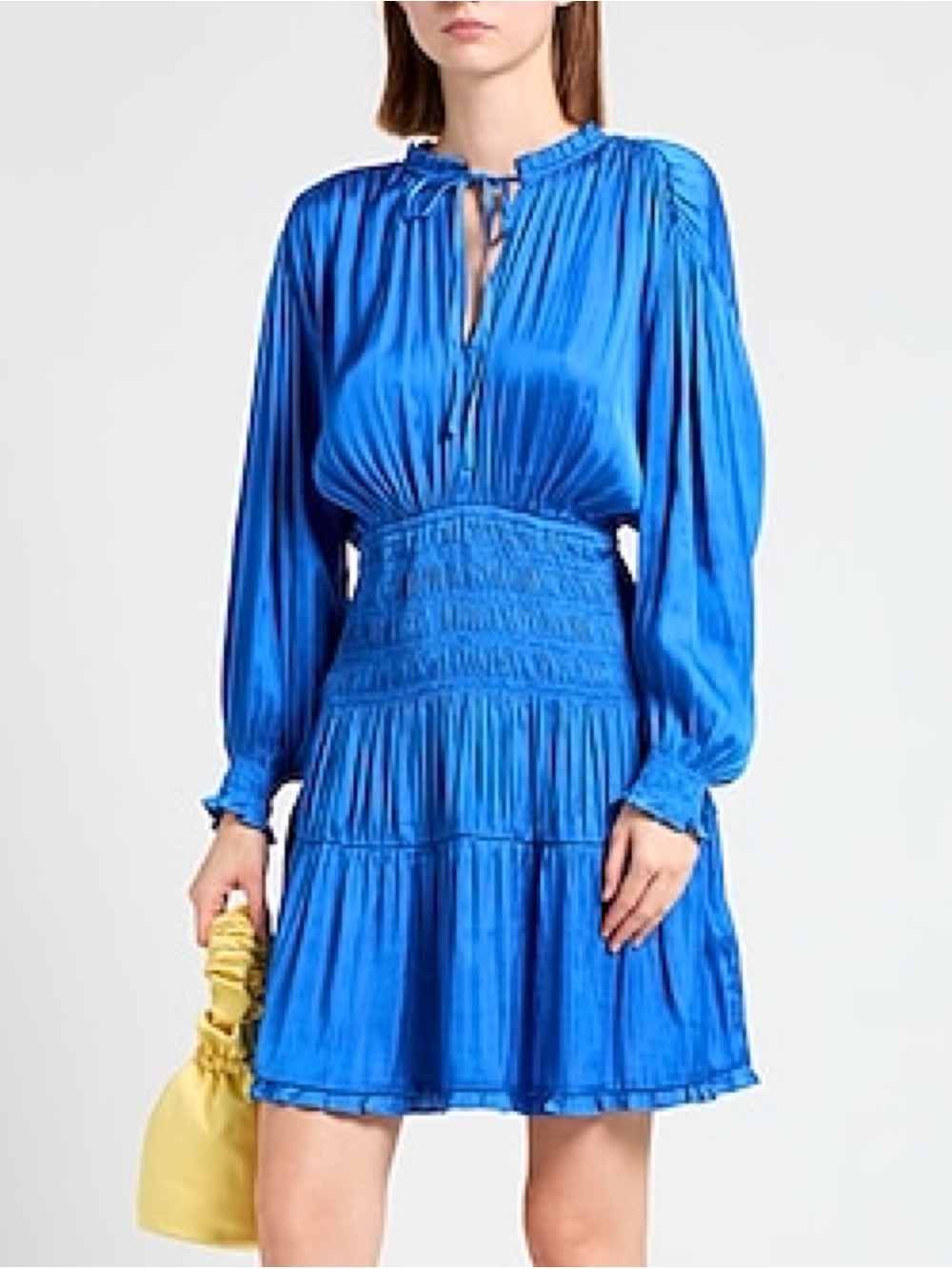 NWT Maje Blue Satin Smocked Tie-Neck Pleated Long Sleeve Mini Dress 36/Small